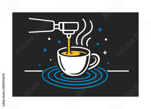 Espresso Glow. Making tea or coffee ? espresso moment. A steaming espresso shot glows on a clean counter; circular lines pulse with focused energy. Modern