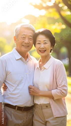 Mature Asian couple embraces, smiles outdoors under sunlit green trees. Warm, happy