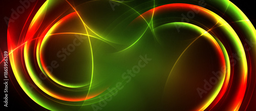 Abstract design features vibrant swirling lines. Red, green, orange hues blend into dark background. Dynamic energy radiates from center.