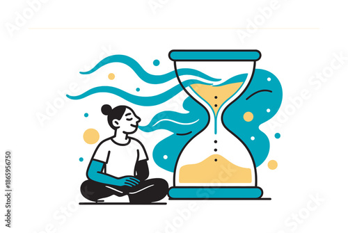 Mindful Hourglass Meditation. Breath Timer Hourglass. A serene figure sits beside a large stylized hourglass, whose falling sand transforms into flowing breath
