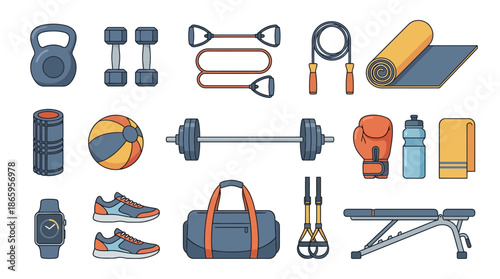 Assorted fitness equipment and accessories for exercise and workout routines.
