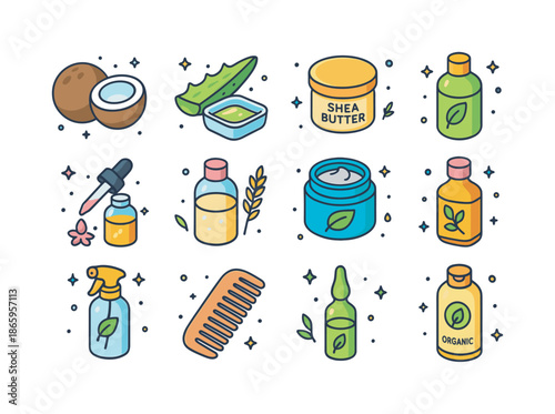 Natural Hair Care Icons. Natural hair care. Colorful isometric vector icons set of natural hair care: coconut oil jar, aloe leaf gel, shea butter tub, herbal