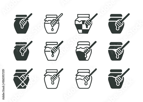 Beekeeping Icon Set. Beekeeping and Pollination. Icon set. Set Logo of Beekeeping and Pollination: honey jar and dipper. harmonious logo variations of the same
