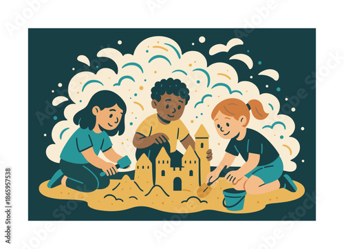 Kids Build Sandcastles. Sandbox creativity. Kids build castles together, tiny shovels and drifting sand shapes forming a playful cloud around them. Cooperation