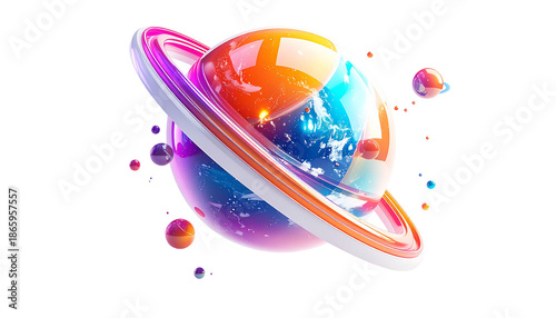 Vibrant planet with rings and floating spheres against a black backdrop