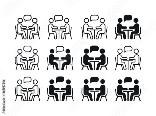 Interactive Logo Variations. interaction. Icon set. Set Logo of interaction: conversation at a table. harmonious logo variations of the same emblematic