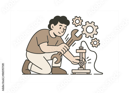 Mechanic Prototyping Scene. Hands-on building project. A character tightens a bolt on a small prototype, tiny gear icons circling. Motion lines show practical