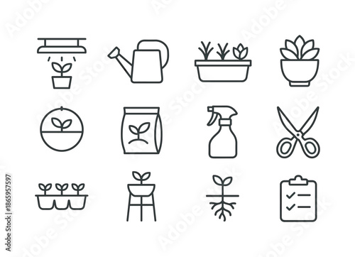 Indoor Gardening Icons. Indoor gardening. Line icon set of indoor gardening: grow light, watering can, herb planter, succulent pot, wall-mounted planter, soil