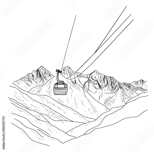 Hand drawn line art illustration of a ski lift gondola depicting a mountain landscape for winter sports