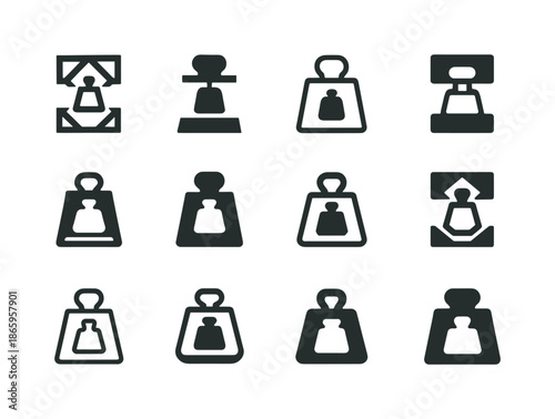 Hydraulic Press Icons. Mass. Icon set. Set Logo of mass: hydraulic press block. harmonious logo variations of the same emblematic concept, each with different