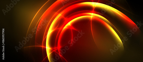 Abstract design features vibrant red, gold curves. Dynamic energy radiates from central point, creating dramatic visual impact.