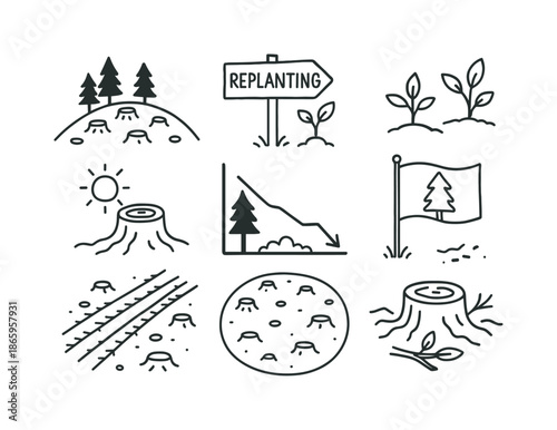 Deforestation Impact Doodles. Clearcut. Hand-drawn doodle illustration Clearcut hilltop cleared, replanting sign, tree regrowth icon, barren ground, sun over
