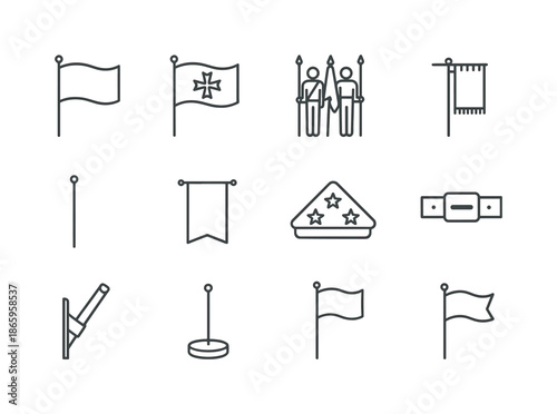 Ceremonial Flag Icons. Ceremonial flags. Line icon set of Ceremonial flags: national flag, unit flag, color guard flag, ceremonial standard, flagpole icon,
