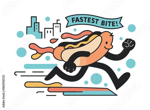 Fastest Bite Race. Street Food Sprint. A running hot dog character with dynamic legs, flying ketchup, and mustard trails leaves a colorful streak behind. A