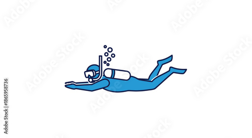 Blue Diver with Scuba Gear and Bubbles Underwater.