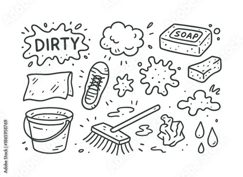 Cleaning Tools Doodles. Dirty. Hand-drawn doodle illustration dirty mud splatter, dust cloud, smudge marks, dirty shoe, rag, bucket, soap bar, sponge, stain,