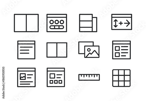Multitasking Icon Set. Multitasking on screen. Line icon set of Multitasking on screen: design canvas split, color palette dock, layer stack panel, transform