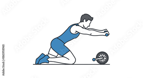 Athletic man exercising with an ab roller wheel on knees.