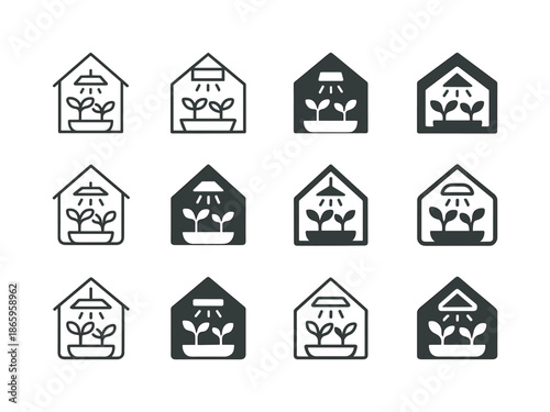 Microgreens Logo Variations. Microgreens and growing them at home. Icon set. Set Logo of Microgreens and growing them at home: indoor grow light. harmonious