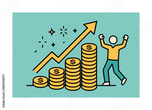Achieving Financial Growth. Funding goals. A coin stack grows under a bright arrow; abstract sparks suggest momentum. A figure celebrates nearby. Modern