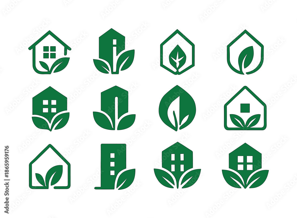 Obraz premium Green Building Logos. Green buildings. Icon set. Set Logo of Green buildings: passive house symbol. harmonious logo variations of the same emblematic concept,