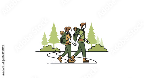 Happy couple hiking outdoors holding hands wearing backpacks.