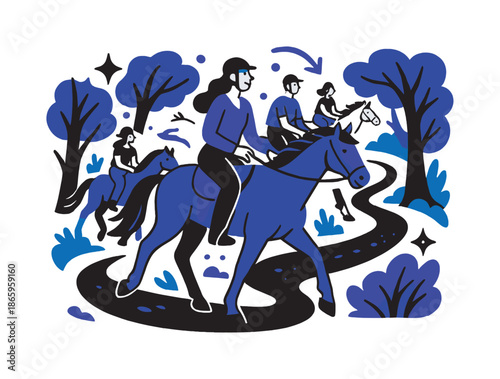 Forest Trail Ride. Trail ride. A group of riders follows a winding forest path, light flickering through trees, hooves softly pressing into earth. Calm,
