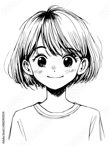 Hand drawn line art illustration of a young girl depicting smiling cheerfully for youth and happiness concept