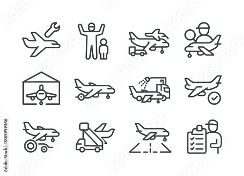 Airplane Icon Collection. Airplane. Line icon set of Airplane: airplane maintenance icon, ground crew symbol, refueling truck, aircraft inspection, airplane