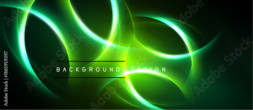 Abstract green lines create dynamic flow. Bright neon shapes overlap dark background. Modern design element for digital projects.