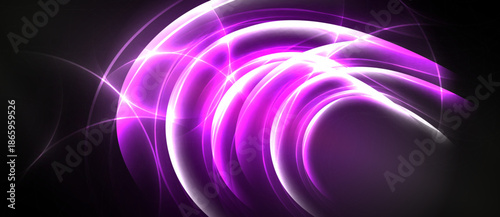 Bright purple light curves radiate from dark background. Abstract energy flows create dynamic visual impact. Smooth gradients define shapes.