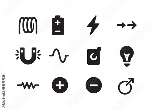 Electric Icon Set. Electric current. Solid icon set of electric current: coil wire, battery, spark, arrow flow, magnet, wave pulse, switch, bulb, resistor