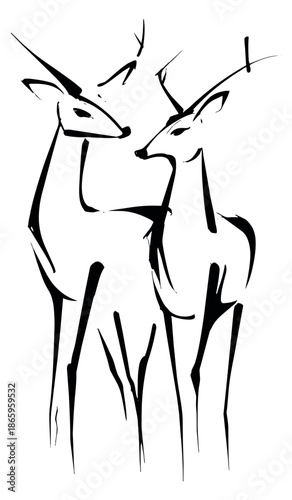 Hand drawn line art illustration of two deer depicting an affectionate moment for nature and wildlife