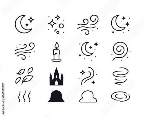 Whimsigoth Icon Set. Whimsigoth Atmosphere. Line icon set of Whimsigoth Atmosphere: soft moon glow, drifting sparkles, swirling mist, enchanted breeze, candle