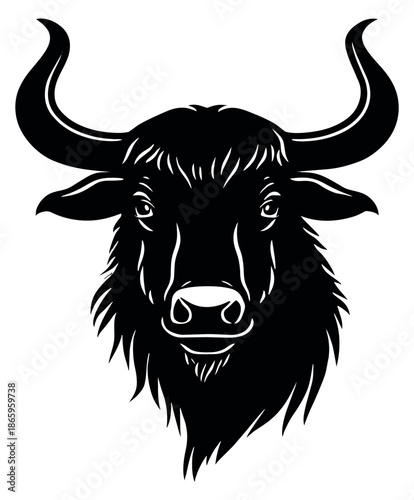 Graphic illustration of a wildebeest head depicting a frontal portrait for safari concepts