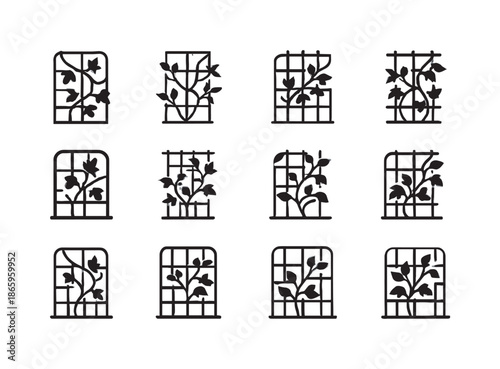 Balcony Plant Logos. Arranging Plants on a Balcony. Icon set. Set Logo of Arranging Plants on a Balcony: trellis with climbing ivy. harmonious logo variations
