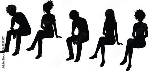 Group of teenage silhouettes sitting in different poses, youth lifestyle characters set, isolated black people figures on white background design