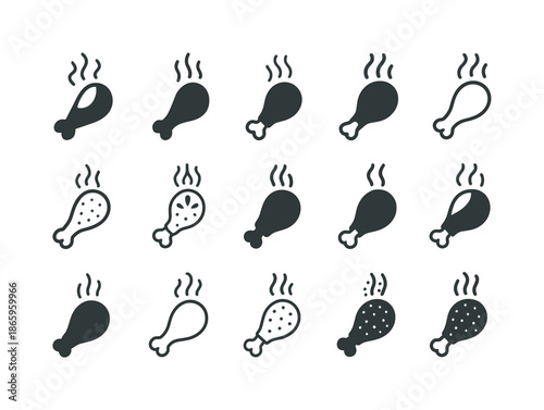 Fried Chicken Icons. Crispy fried chicken. Icon set. Set Logo of Crispy fried chicken: chicken drumstick with steam lines. harmonious logo variations of the