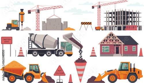 Construction site illustration with workers, cranes, concrete mixer trucks, excavators, house building, heavy machinery, civil engineering, industrial development concept
