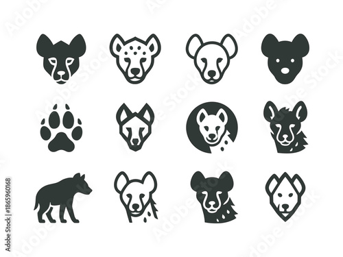 Hyena Logo Variations. Hyenas. Icon set. Set Logo of hyenas: hyena footprint track. harmonious logo variations of the same emblematic concept, each with