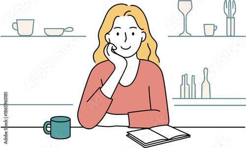 Young woman smiling thoughtfully sitting at table with open book, coffee mug, cozy home kitchen background, relaxed learning concept