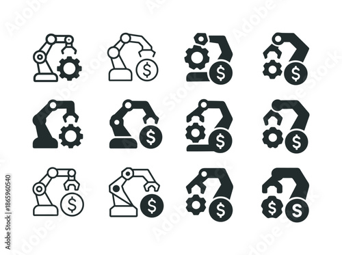 AI Business Transformation Icons. How AI transforms business. Icon set. Set Logo of how AI transforms business: robotic process arm. harmonious logo variations