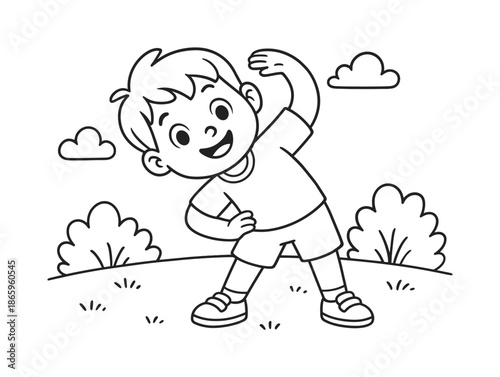 Child's Warm-up Coloring. Warm-up routine children?s coloring book illustration, outlined drawing, child doing a simple warm-up before play or exercise to