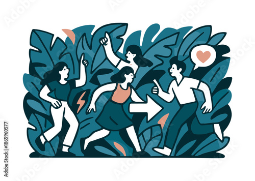 Vibrant Jungle Abstraction. Jungle abstraction. Large tropical leaves overlap in a rhythmic pattern, with vibrant pops of color cutting through deep greens. A