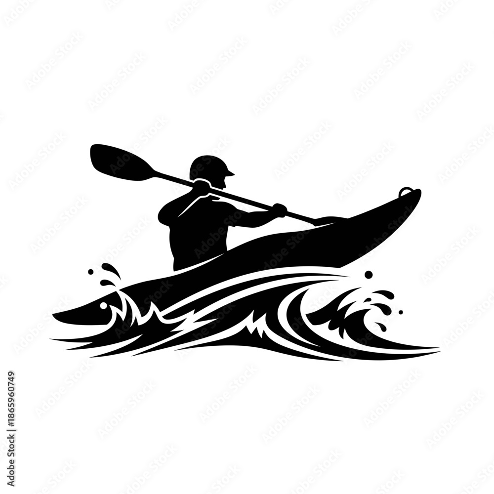 Fototapeta premium Kayaker Silhouette Paddling On Waves For Nature Adventure Sports And Outdoor Water Recreation