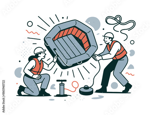 Inflatable Raft Deployment. Evacuation Raft Deployment. An inflatable raft unfolds mid-air with clean geometric expansion lines as crew members prepare it.