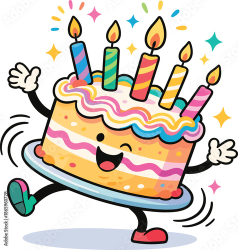 Happy dancing birthday cake with colorful candles and confetti on transparent background