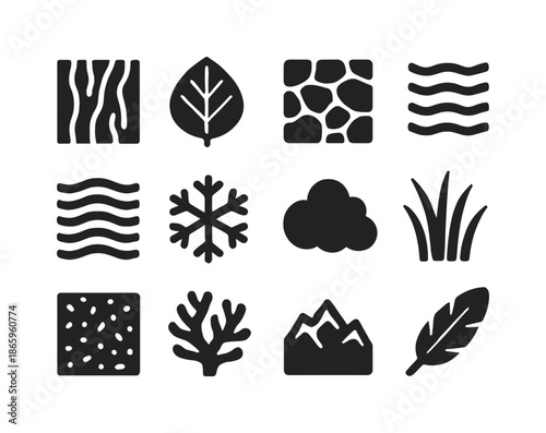 Natural Texture Icons. Natural textures. Solid icon set of natural textures: tree bark, leaf veins, stone grains, water ripples, sand waves, snow crystals,