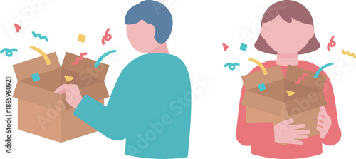 商品を開封する男女の上半身イラスト – 購入体験とプロセス表現