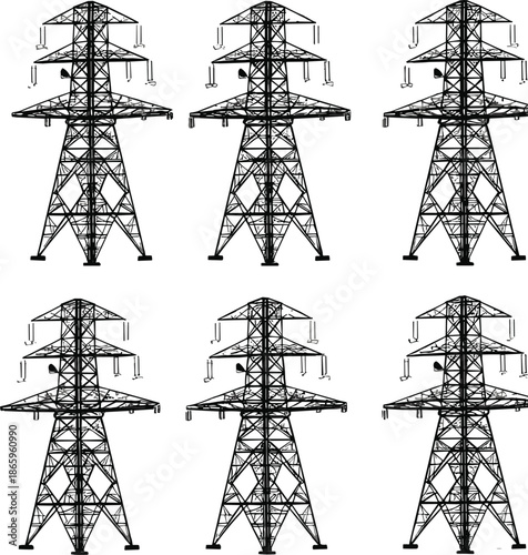 High voltage electricity transmission towers set isolated on white background power grid infrastructure silhouette vector illustration design